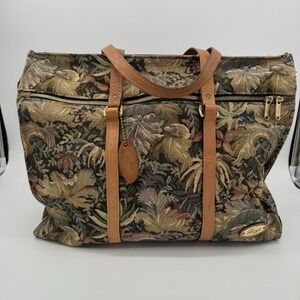 Vintage Boyt Floral Tapestry Tote Bag Leather Trim Weekender Travel Carryall
